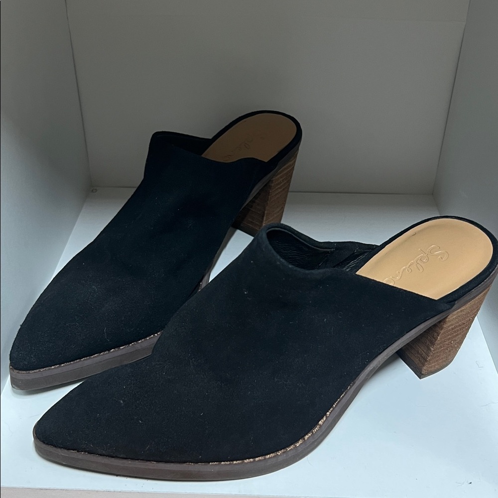 Splendid Black Mules with Brown Heel